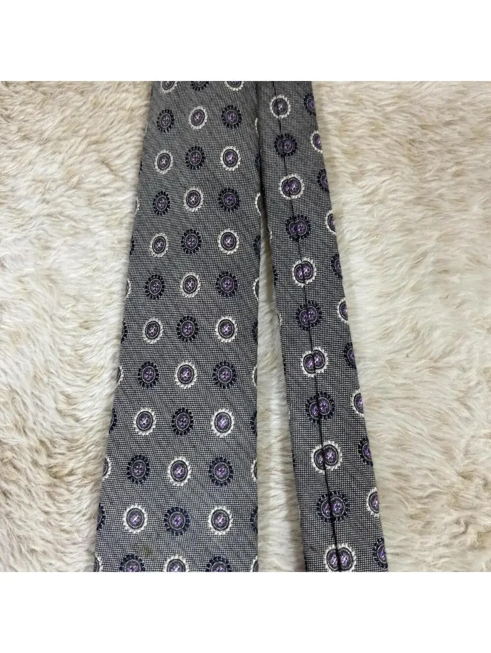 Allen Edmonds Silk Tie Gray Purple Medallion Made USA Classic